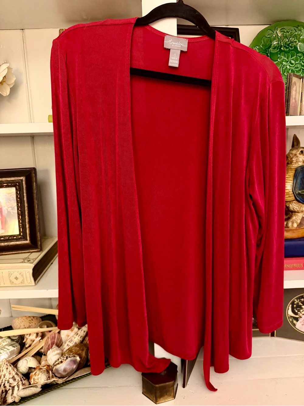 Chico’s Traveler Women's Red Open-Front Cardigan, wrinkle-resistant for travel